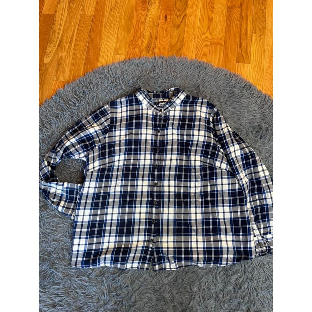 Land's End Women's Navy Plaid Print Button Down Flannel Cotton Shirt Size 3X